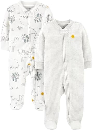 Simple Joys by Carter's Unisex Baby Baby 2-Pack 2-Way Zip Thermal Footed Sleep and Play Baby and Toddler Sleepers