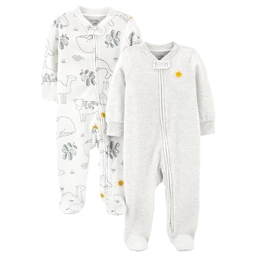 Simple Joys by Carter's Unisex Babies' 2-Way Zip Thermal Footed Sleep and Play, Pack of 2, Animal/Sun, 0-3 Months