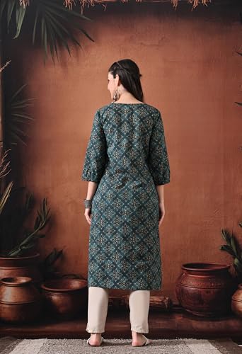 Image of Ichaa Women's Pure Cotton Embroidered Round-Neck Ethnic Kurta with 3 /4th Sleeve for Daily and Office Wear, in Plus Sizes