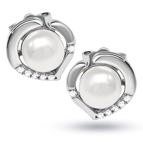 QUADRI Heart Pearl Earrings for Women, 925 Sterling Silver Heart Shaped Earrings, Cultured Pearl 6.5mm, Jewelry Gift Idea, Made in Italy, Box Included