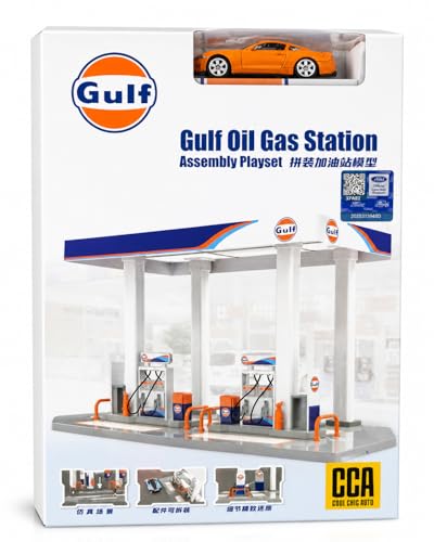Image of Gulf Oil Gas Station Toy Playset for Kids with Die Cast Car, DIY Assembly Petrol Pump Model, Realistic Fuel Station Set with Accessories, Educational Toy Gift for Boys & Girls