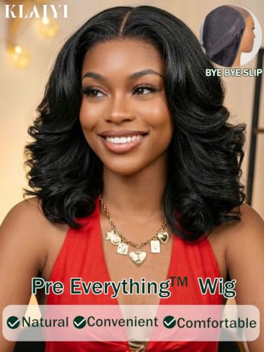 Image of KLAIYI Layered Blowout Bob Wavy Pre Cut 7x5 Lace Front Wigs Human Hair 14 inch