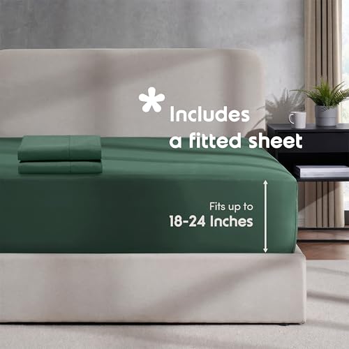 Image of Hearth & Harbor Dark Green Duvet Cover with Fitted Sheet Queen Size | 4 Piece Soft Double Brushed Bedding Set, Button Closure, 1 Duvet Cover 90x90 Inches, 1 Fitted Sheet, 2 Pillow Shams