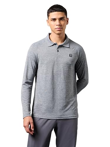 Image of TECHNOSPORT Mens Slim Fit Self-Design Full Sleeve Polo T-Shirt with Double Cool, SPF50+ Proerties for Gym, Workout and Regular Use