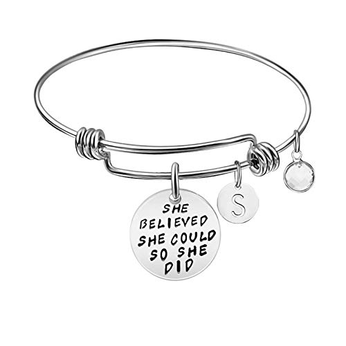 Initial Charm Bracelets for Women Girls, Stainless Steel She Believed She Could So She Did Charms Bracelet Engraved 26 Letters Initial Expandable Cuff Bangle Birthday Christmas Jewelry Gift, 63mm (S)
