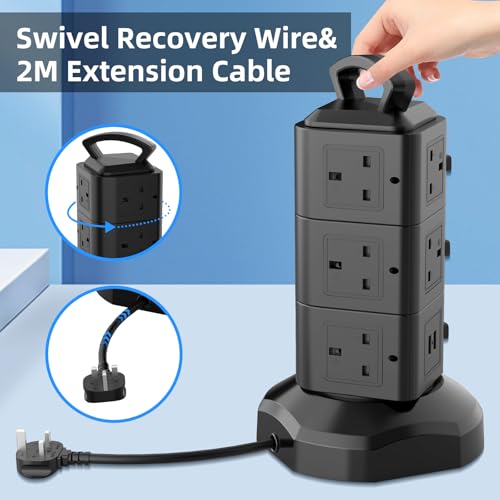 Tower Extension Lead 2M, 10 Way (13A 3000W) Surge Protected Extension Sockets with 2 USB C and 2 USB A, Multi Plug Socket with 3 Independent Switches, Power Strip for Home, Office, Kitchen - Image 5