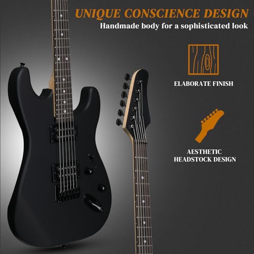 Image of Ktaxon 39 Inch Solid Body Electric Guitar with H-H Pickup, Matte Black | 6 Strings Guitarra Electrica with Gig Bag, Strap, Whammy Bar, Maple Neck for Beginners & Musicians, Rock Metal, Right Hand