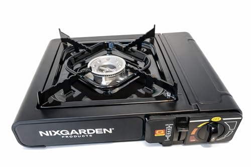 Nix Garden Hornillo de Gas Portátil para Camping, Negro, 36 x 26 x 8 cm, con Maletín Rígido, Compatible con Cartuchos de Butano, Sistema de Seguridad Antifugas