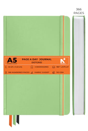 Image of NEORAH -A5 DOTTED | 368 Pages - 110 Gsm | PAGE A DAY JOURNAL (21x14.8 cm)-Hardcover Dot Grid Notebook |Back Pocket |3 Silk Book Mark - Completely HANDMADE for Journaling,writing - LIGHT GREEN