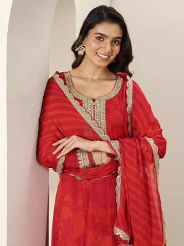 Image of Libas Women Red Printed Silk blend Anarkali Kurta Set for women | ethnic wear | bridal suit | occasion wear