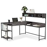 LIFEFAIR L-Shaped Desk Computer Corner Desk with Multiple Shelves and Drawer Space-Saving Desk, Specialties Workstation for Office & Home, Oak/Black