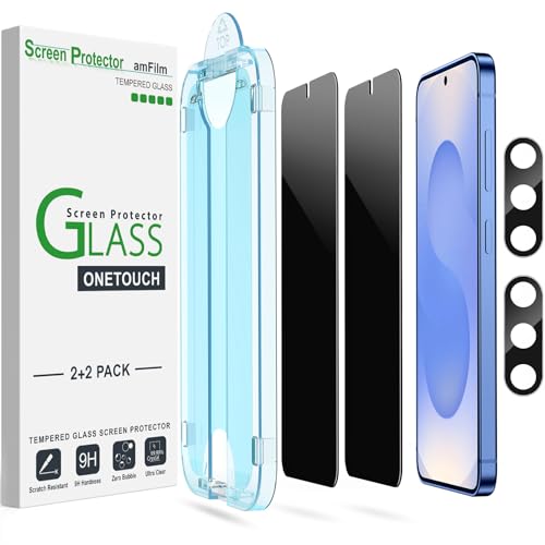 amFilm Auto-Alignment OneTouch for Samsung Galaxy S25 6.2 Privacy Screen Protector + Camera Lens Protector, Tempered Glass, 30 seconds Installation, Bubble Free, Privacy Protection 2+2 Pack