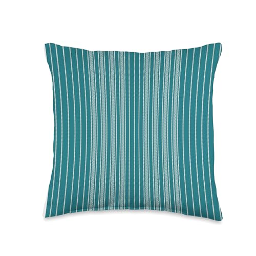 Cozy Cottage Farmhouse Ticking Stripe - Teal & Cream Throw Pillow