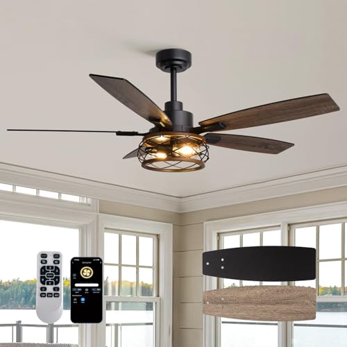 Image of 52 Inch Farmhouse Ceiling Fan with Lights and Remote, Dual Finish 5 Blades, 6-Speed Adjustable, Quiet & Reversible DC Motor, Rustic Caged Ceiling Fan for Bedroom Living Room Outdoor Covered Patio