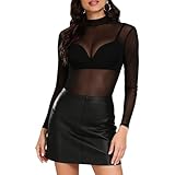 flintronic Damen Netz Oberteil, Transparent Netz Oberteil, Schwarz Mesh Sheer Oberteile, Sexy Langarmshirt, Sheer Oberteile, Tüll Mesh T-Shirt Tunika für Clubwear Party Casual, M