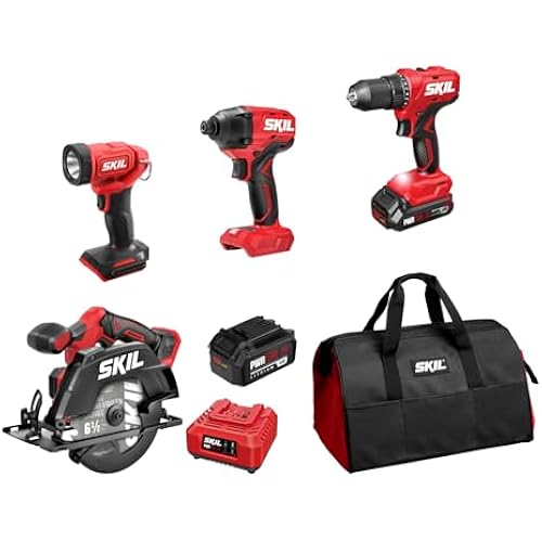 SKIL PWR CORE 20 Brushless 20V 4-Tool Power Tool Combo Kit, Includes 2.0Ah & 4.0 Ah Batteries, 60W Charger and Soft Bag - CB8004B-20