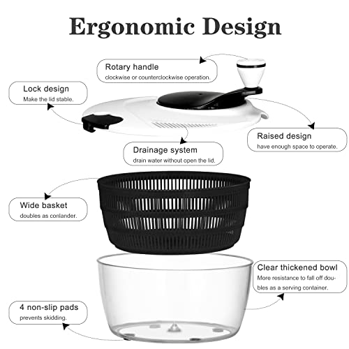 Ourokhome Salad Spinner Vegetable Dryer, Large Compact And Steady Hand Crank Kitchen Gadgets Lettuce Washer With Bowl And Colander, Easy Operation For Cleaning Greens, Veggie, Fruit, 4L, Black #TOP3