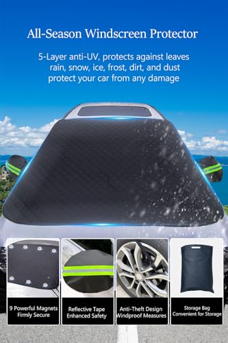 Image of Persevere Windshield Snow Cover with Magnetic, Car Windshield Cover with Earmuffs & Hooks, 9 Strong Magnets, 5-Layers Thickened Universal Waterproof Windproof All-Season (71''Lx54.7''W)