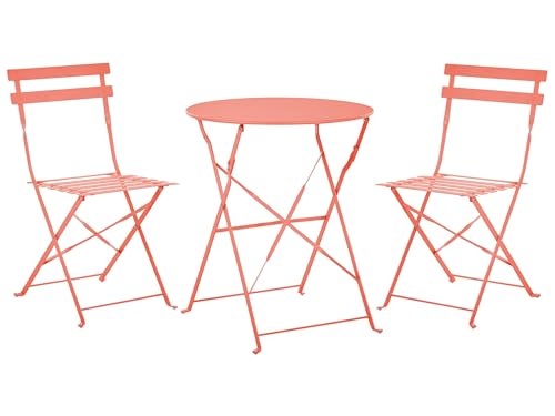 Beliani Salon de Jardin Bistrot Table et 2 Chaises en Acier Rouge Corail avec Patins Fiori