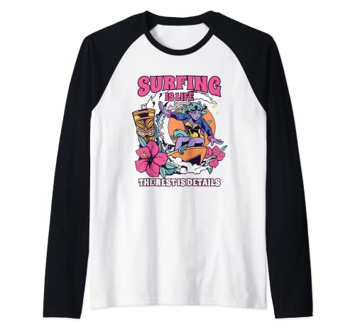 Surf Summer Surfing is Life Girl - Tabla de surf con diseño de flores tiki Camiseta Manga Raglan