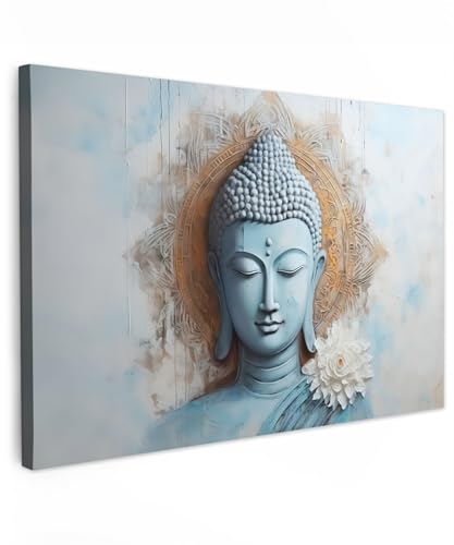 MuchoWow© Quadros Decoração Sala 120x80 cm Cuadros Decoracion Dormitorios Lienzos Decorativos para Dormitorios Modernos Buda - Estatua - Azul - Marrón - Flor