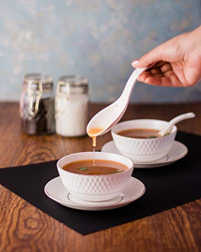 Image of E-Ezra Indian Tableware Ceramic Bone China White Soup Bowls Cup with Spoons & Saucer /Deep Maggi Cup Microwave Safe (Embossed White)