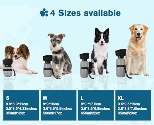 pecute Trinkflasche Hunde für Unterwegs, Hundetrinkflasche Silikon Wasserflasche Hund mit Faltbarer Wasserschale, Hunde Trinkflasche to Go, Haustier Trinknapf Tragbare Grau S 350 ml