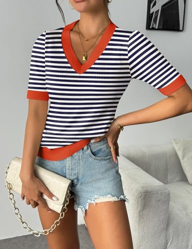 Image of Zeagoo Womens Short Sleeve Sweaters Soft Casual V Neck Pullover Tops Lightweight Knit Sweater Blouse