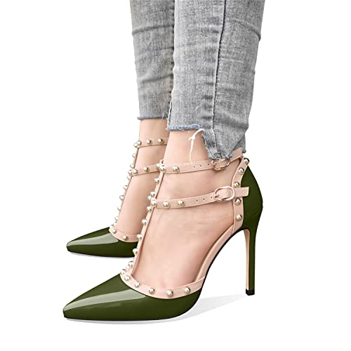 XINIUNIU Stiletto High Heels for Women Studded Heels with Studs Pumps 4 Inch Heeled Sandals Sexy Pointed Toe Ankle-strap Patent Leather Dress Wedding Shoes4