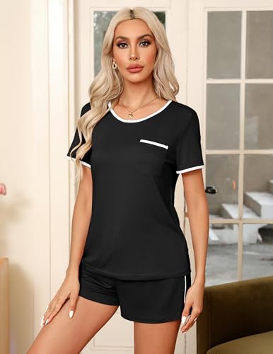 Image of Ekouaer Pajama Set for Women 2 Piece Lounge Set Short Sleeve Tops and Shorts Soft Sleepwear, Chest Pocket