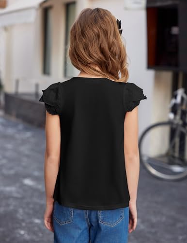 Image of Arshiner Girls Shirts Short Sleeve Square Neck Summer Lace Openwork Pleated Tops Blouse Tunic