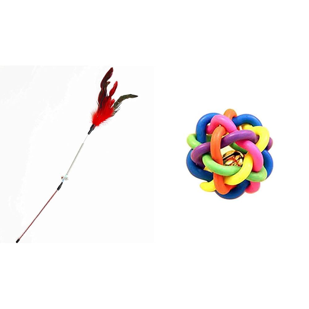 The Pets Company Cat Spring Treaser, Feather Dangler Wand, Interactive Stick Toy for Cats & Kittens Rubber Multi Colour Wire Knot Ball with Bell, for Puppy and Kitten