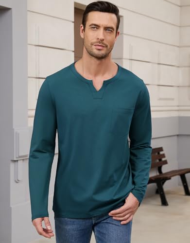 Men's Casual Cotton V Neck Long Sleeve T-Shirts Solid Fall Pullover Basic Tee Tops with Pocket with Pocket3