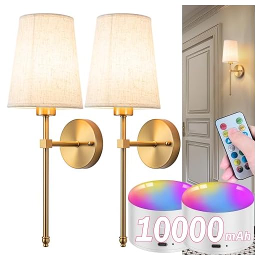 Battery Operated Wall Sconce Set Of Two with Remote Control, Indoor Not Hardwired Dimmable Battery Operated Wall Sconce Light Fixture with Fabric Linen Shade For Bedroom Living Room, Bulb Included ( C