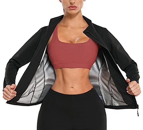 Kumayes Sauna Suit for Women Waist Trainer Weight Loss Workout Jacket Slimming Body Shaper Sweat Tank Tops Long Sleeve Shirt with Zipper (Black, 3X-Large)