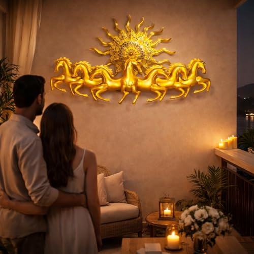 Image of iHandikart 7 Running Horses Metal Wall Art with Sun | Vastu Horses Wall Decor for Living Room | Golden Horses Wall Hanging | Luxury Metal Wall Decor for Home, Office & Entrance (36x21 Inch)