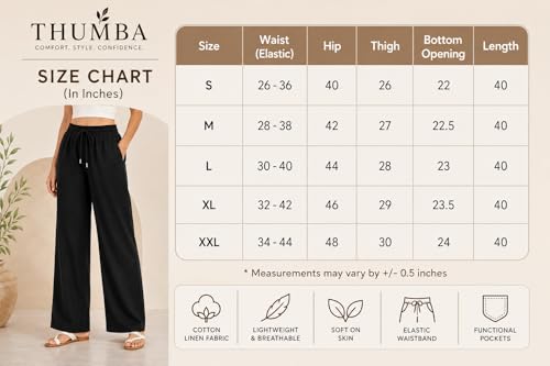 Image of THUMBA Women's Cotton Linen Wide Leg Pants | Elastic Waist Relaxed Fit Trousers | Breathable Summer Palazzo Pant with Pockets| Casual Office Travel Wear