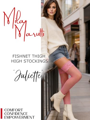 Image of Mila Marutti Fishnet Thigh High Stockings for Women with Lace Top | Fish Net Stockings Lingerie | Colored Fishnets