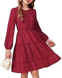 GRACE KARIN Girls Dress Long Sleeve Swiss Dot Fall Winter Casual Party Swing Dresses Red 10Y