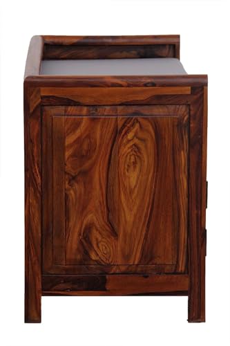 Image of Sheesham Wood Shoe Cabinet with Cushion Seat, 2 Door, Natural Finish | Comfortable Cushioned Seating, Stores 8-10 Pairs of Shoes, No Assembly Required