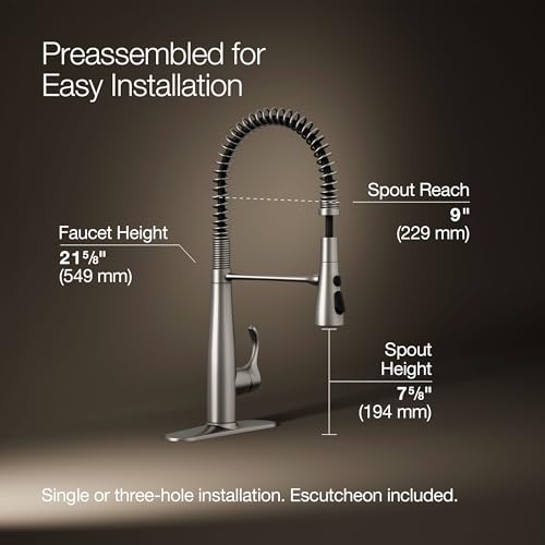 Image of KOHLER 22033-VS Simplice Semi Professional Kitchen Sink Faucet, Pre-Rinse Kitchen & Commercial Faucet, Vibrant Stainless, 9 inch x 9-1 /4 inch x 21-5 /8 inch