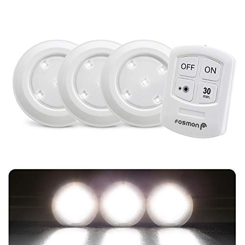 Fosmon Lampe de Placard Spot Adhésive sans Fil (3 Pack), Lampe à Led, Led Spot Autocollant 4000K Blanc avec Télécommande et Contrôle Tactile pour Cabinet Cuisine Couloir - Alimenté par Piles