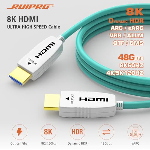 Image of RUIPRO 8K Fiber Optic HDMI 2.1 Cable, 48Gbps, 8K60, 4K120, HDR, eARC, 33FT | Fiber Optic Technology Reduces EMI and Signal Loss vs Copper Cables for Stable 4K@120Hz Gaming and Long-Distance 8K Video