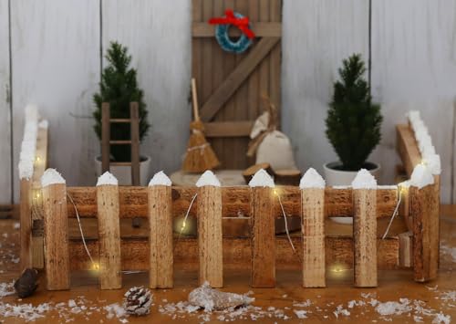 Spetebo Holz Dekozaun mit 15 LED in warm weiß - 90 x 10 cm - Mini Gartenzaun mit Kunstschnee - Tischdeko Winter Gatter Weihnachtsdeko beleuchtet Batterie betrieben mit Timer