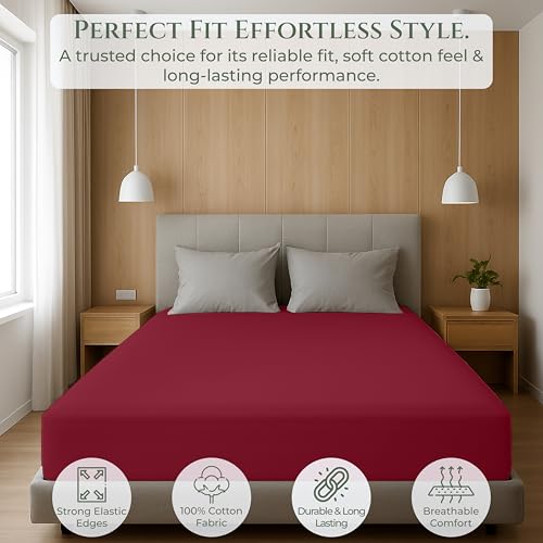 Image of Royale Linens 100% Organic Cotton King Fitted Sheet Only - Percale Weave - Super Soft Deep Pocket Bottom Sheets - Red Elastic Sheet - King Size Fitted Sheets Only - (78 inchx80 inch+15 inch, Red)