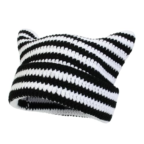 Crochet Cat Hat for Women Grunge Accessories Cat Ear Beanie Women Vintage Fox Hat Slouchy Beanies Women (US, Alpha, One Size, Black White)