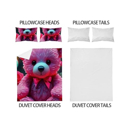 Housse de couette ours rose lit double microfibre 3D anti-plis fermeture éclair - 4