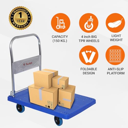 Image of BIGAPPLE 150kg Capacity Plastic Foldable Platform Trolley for Heavy Weight /Material Handling Goods Trolley for Home, Office, Warehouse & Industries - 48cm x 72cm (4 inch Wheel /Blue) - Pack of 2