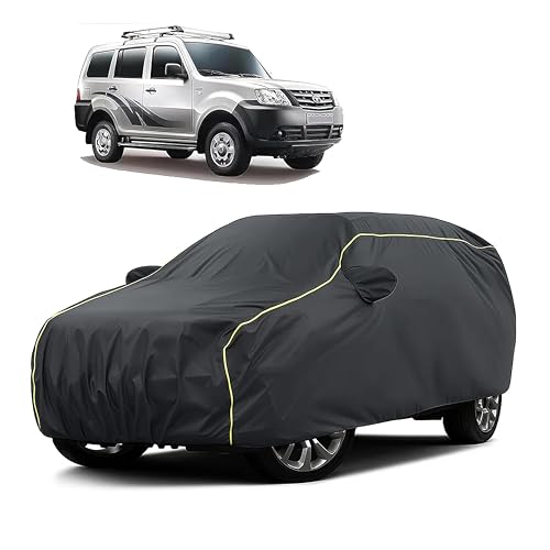 Image of Sulfar 100% Water Resistant Car Body Cover Compatible with Mirror for Tata Movus (Triple Stitched, Full Bottom Elastic, Dark Grey Taffeta with Yellow Piping)