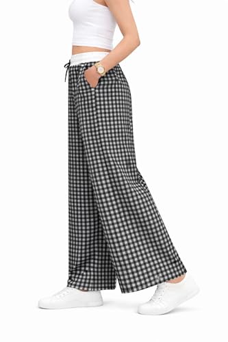 Image of Women's Cotton Wide Leg Palazzo Pants | Gingham Check Pattern with Drawstring | Elastic Waist | Casual Lounge Wear |